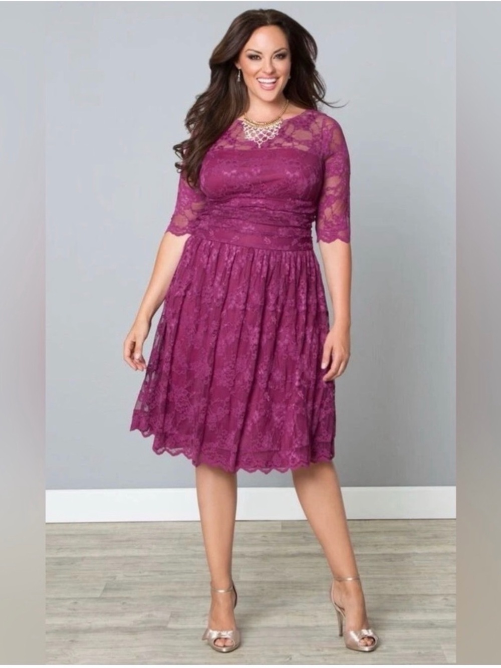 Kiyonna Lace Fit-and-Flare Midi Dress in Raspberry